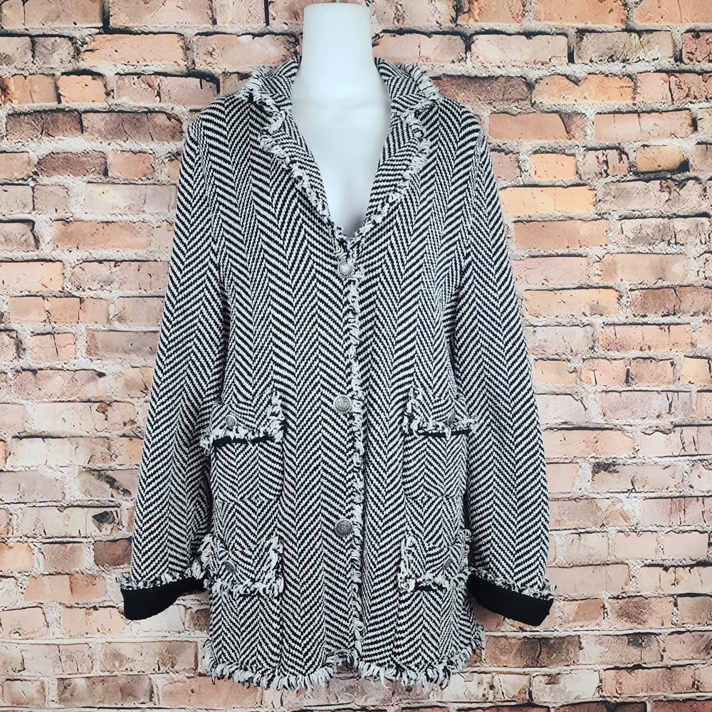 EUC Peter PJ Jan Black/White Herringbone Knit Blazer w/Frayed Trim Sz.L Vintage